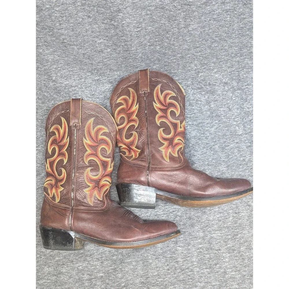 Durango DB933 VTG Brown Leather Cowboy Boots Men's 11.5 D Western Flame Stitch